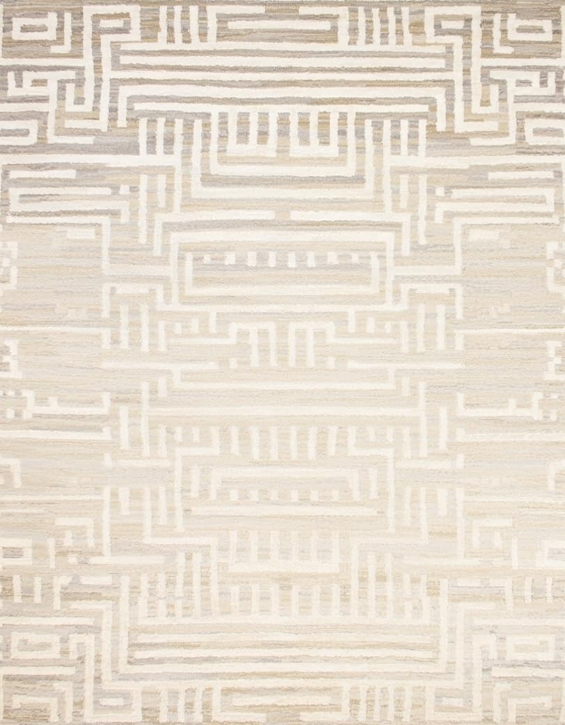 A modern abstract beige rug with geometric design.