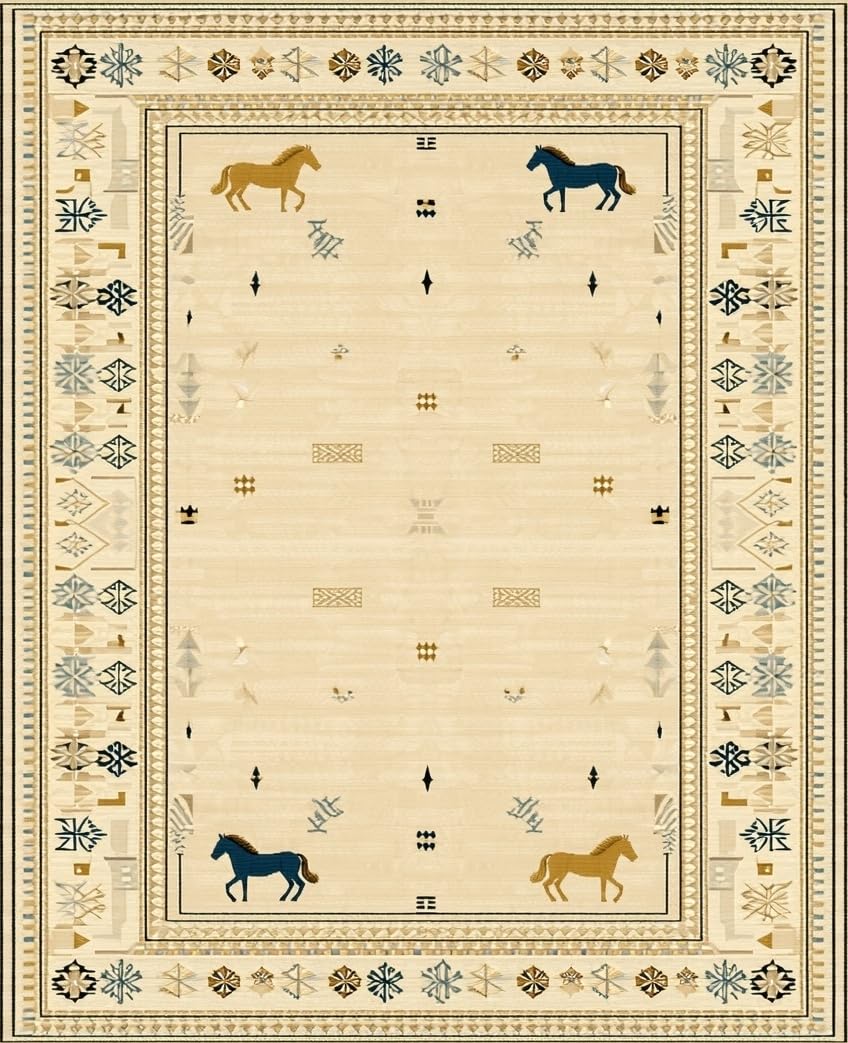A traditional horse pattern beige rug with classic design.